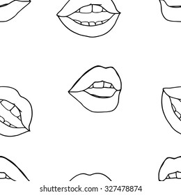 Seamless doodle black and white pattern with lips