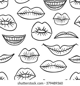 Seamless doodle black and white seamless pattern with lips. Vector.