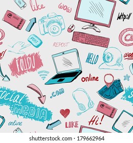 Seamless doodle blog social media communication pattern background vector illustration