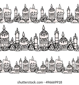 Seamless doodle border with candle and boho pattern. Vector element for frames, postcards and your creativity