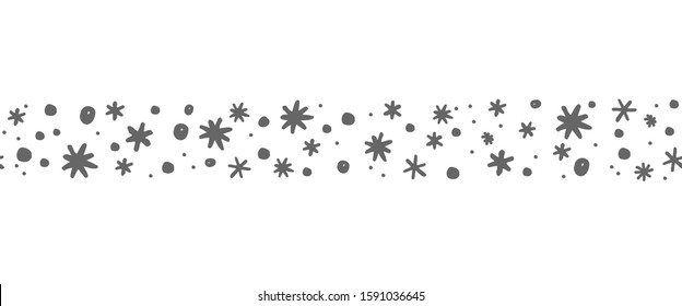 Seamless doodle border with different snowflakes, vector illustration in Scandinavian style. Winter background