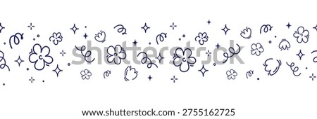 Seamless doodle border with flower star heart swirl and sparkle in minimal hand drawn line style vector pattern for stationery packaging textile web banner scrapbooking and social media design