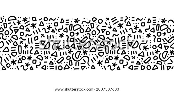 Seamless\
doodle border Memphis style pattern vector repeat. Cute simple line\
art horizoontal border with hand drawn elements black on white.\
Monochrome hipster art for fabric trim,\
footer