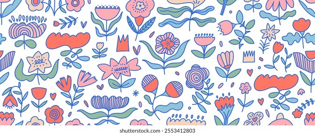 Seamless doodle botanical pattern with cute graphic flowers. Hand drawn childish floral seamless background with cute girly plants. Abstract leaf branches, foliage spring background.