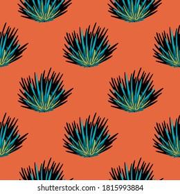 Seamless doodle bright pattern with bush silhouettes. Green foliage hand drawn ornament on orange background. Great for wallpaper, textile, wrapping paper, fabric print. Vector illustration.