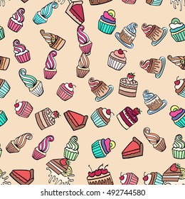 Seamless doodle cake pattern pattern for printing on fabric or paper. Hand drawn background.