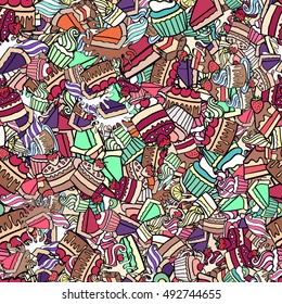 Seamless doodle cake pattern pattern for printing on fabric or paper. Hand drawn background.