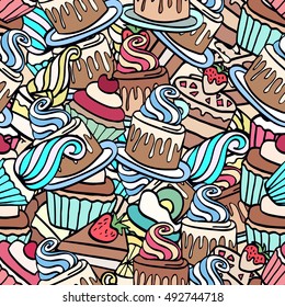 Seamless doodle cake pattern pattern for printing on fabric or paper. Hand drawn background.