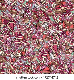 Seamless doodle cake pattern pattern for printing on fabric or paper. Hand drawn background.