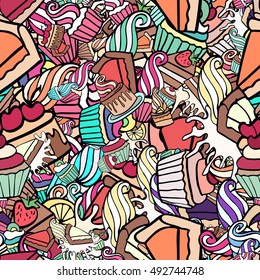 Seamless doodle cake pattern pattern for printing on fabric or paper. Hand drawn background.