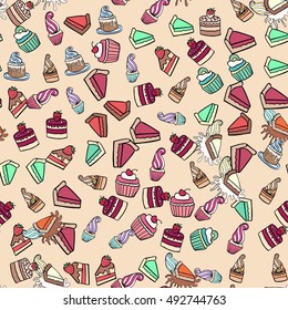 Seamless doodle cake pattern pattern for printing on fabric or paper. Hand drawn background.