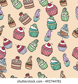 Seamless doodle cake pattern pattern for printing on fabric or paper. Hand drawn background.