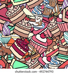 Seamless doodle cake pattern pattern for printing on fabric or paper. Hand drawn background.