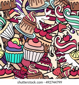 Seamless doodle cake pattern pattern for printing on fabric or paper. Hand drawn background.