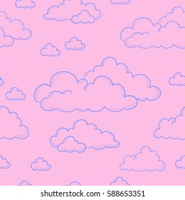 Seamless doodle. Cartoon clouds contour on a pink background. Sketch vector.