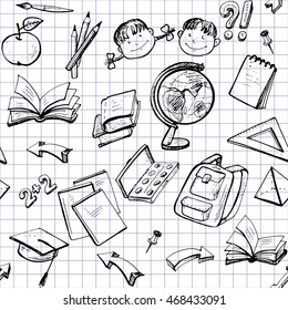 Seamless doodle cartoon pattern about education on notebook sheet. Vector illustration.