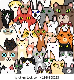 seamless doodle cats faces colorful background