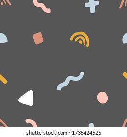 Seamless doodle childish pattern with hand drawn geometric chapes and lines. Creative scandinavian kids texture for fabric, wrapping, textile, wallpaper, apparel. Vector illustration.