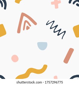 Patrón infantil de garabatos sin fisuras con formas y líneas geométricas dibujadas a mano. Textura de niños escandinavos creativos para tela, envoltura, textil, papel pintado, vestimenta. Ilustración vectorial.