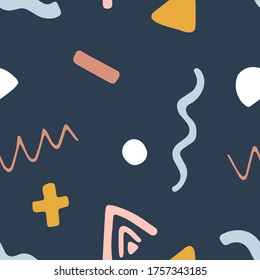 Seamless doodle childish pattern with hand drawn geometric chapes and lines. Creative scandinavian kids texture for fabric, wrapping, textile, wallpaper, apparel. Vector illustration.