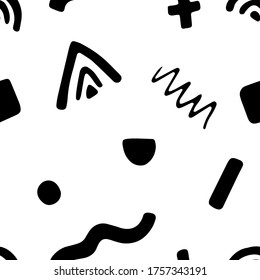 Patrón infantil de garabatos sin fisuras con formas y líneas geométricas dibujadas a mano. Textura de niños escandinavos creativos para tela, envoltura, textil, papel pintado, vestimenta. Ilustración vectorial.