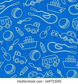 Seamless doodle children toys of scoop bucket and ball pattern vector illustration