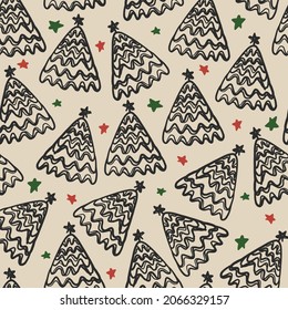 seamless doodle christmas pattern background with pine tree and little star