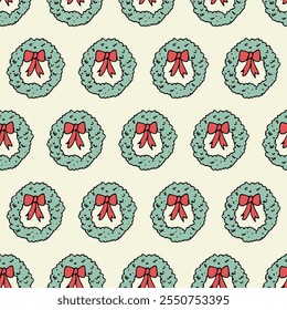 Modelo inconsútil de la Navidad del doodle con las coronas de la Navidad. Lindo patrón de doodle. Bueno para el papel de regalo, postales, Anuncios, carteles, embalaje. 