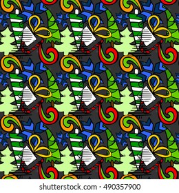 Seamless doodle Christmas themed pattern on grey background.
