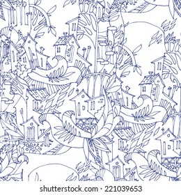 Seamless doodle city pattern
