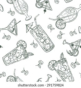  Seamless doodle cocktail pattern. Pastel color background with juice, cocktails, and fruits.