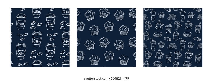Seamless doodle coffee pattern in black and white