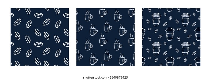 Seamless doodle coffee pattern with cups and beans