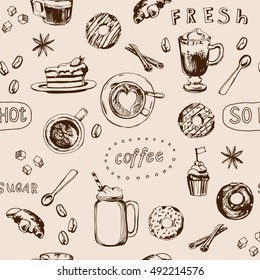 Seamless doodle coffee pattern, hand drawn. Vector illustration