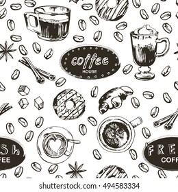 Seamless doodle coffee pattern, hand drawn. Vector illustration