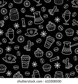 seamless doodle coffee pattern on blackbackground ,hand drawn vector illustration