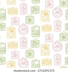 Modelo inconsútil del color del doodle en la forma de marcos de la Navidad con los caracteres en un fondo rayado. Papá Noel, decoraciones, regalos. Perfecto para el embalaje de vacaciones y la creación de fondo de arte de línea