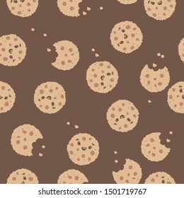 Seamless doodle cookies pattern. Chocolate chip cookies. Hand drawn vector illustration on light background. 