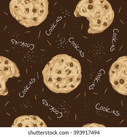 Seamless doodle cookies pattern. Sketch style vector illustration on dark background. Chocolate chip cookies.