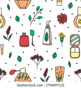 Seamless Doodle Cosmetics Pattern, Nature Herbal Cosmetics Pattern, Vector EPS 10.