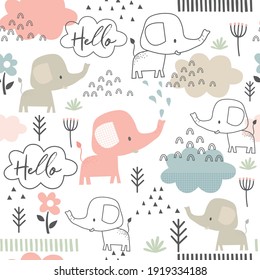 Seamless doodle cute elephant, vector illustration