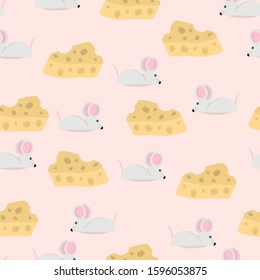 Seamless doodle cute mouse and cheese pattern. Vector illustration background.