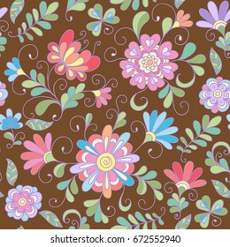 Seamless doodle decorative floral pattern with flowers and leaves