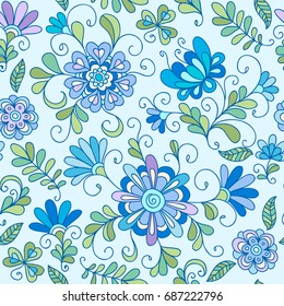 Seamless doodle decorative floral pattern with flowers and leaves