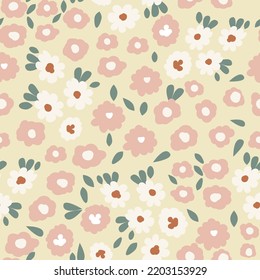 Seamless of doodle ditsy flowers pattern on light background. Simple delicate floral vector ornament. Pretty botanical backdrop. Design for fabric, textile print, surface, wrapping, cover.