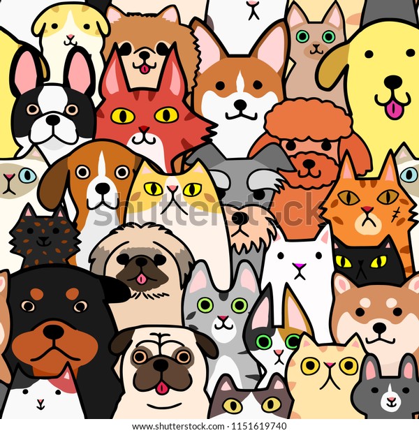 seamless doodle dogs and cats faces colorful background
