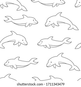 Seamless doodle dolphins pattern for textile, print, fabric, surface design. Doodle dolphins background. Hand drawn dolphins pattern