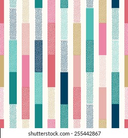 seamless doodle dots vertical stripes patchwork pattern. Creative colorful modern stylish background. Naive repeated funny kids print