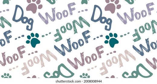 seamless doodle drawing with the word woof and dog. A pattern on the topic of a puppy, grooming, veterinary medicine. A pattern with fashionable colors about a pet