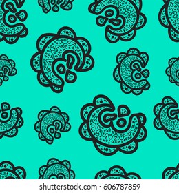 Seamless pattern. Black doodle elements on turquoise background. Ornaments for web, wrapping paper, print, fabric, textile design. Vector illustration. Bright texture. Abstract backdrop. Aztec style.